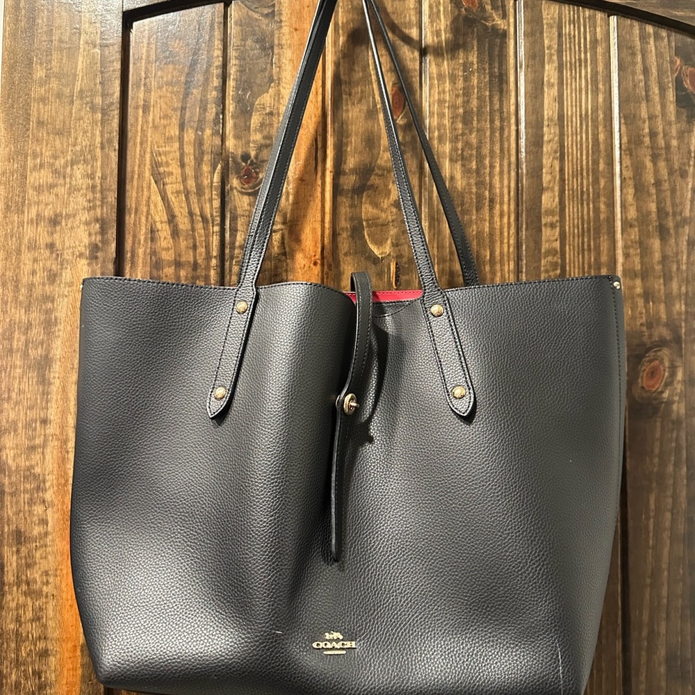 SOLD Coach Black Leather Tote with Red Accent